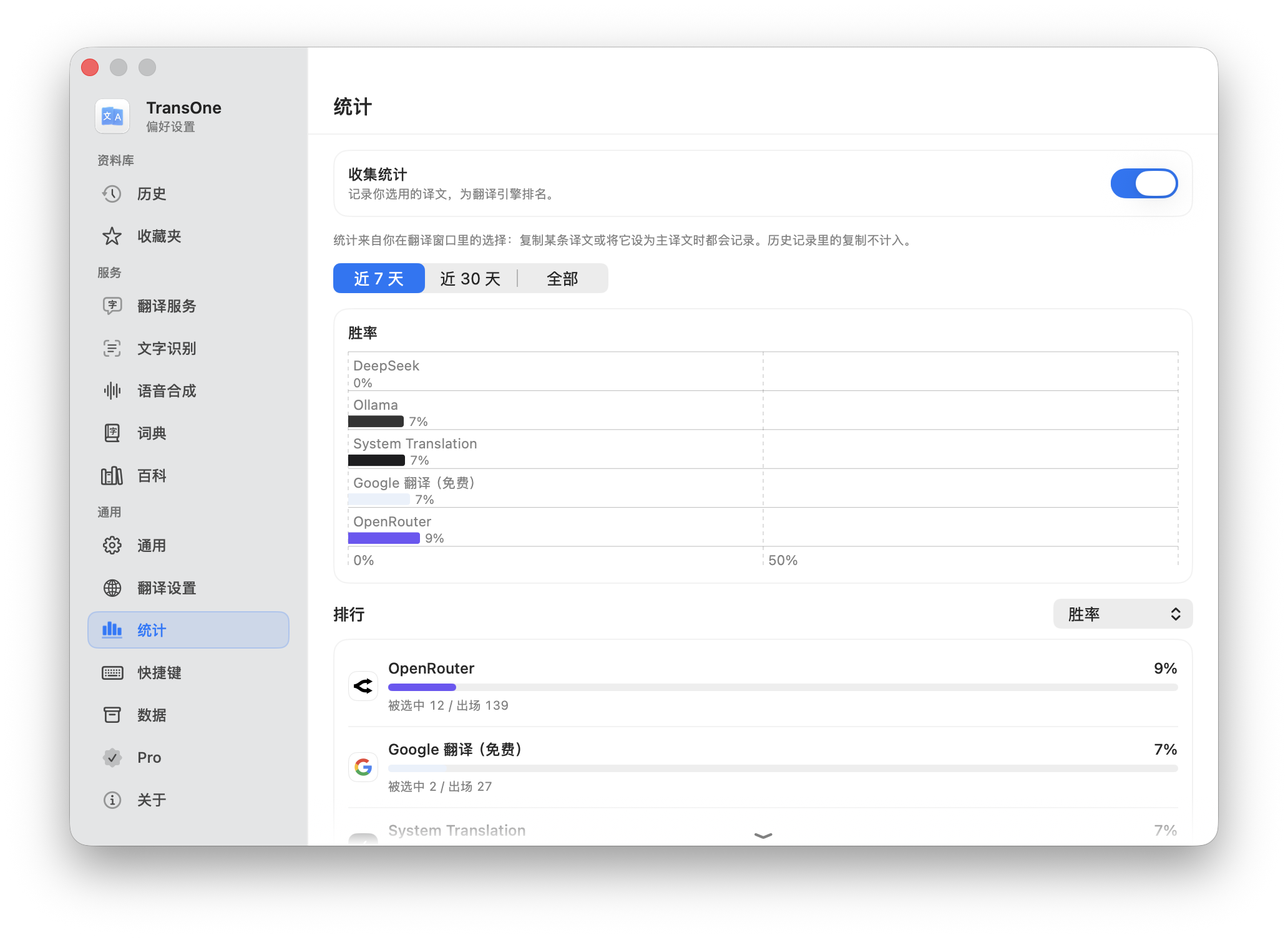 「统计」页面,带胜率柱状图和排名列表